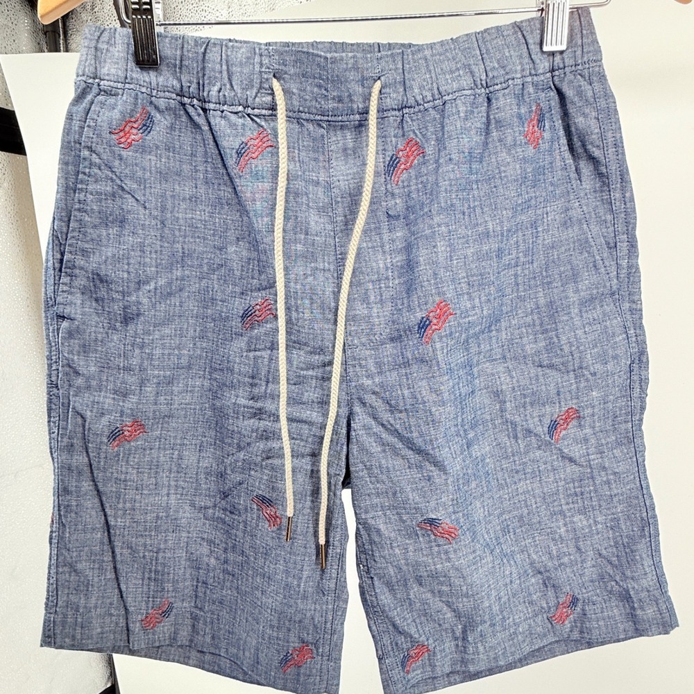 Caribbean Mens Blue Chambray Embroidered American Flag Shorts Size 32 Drawstring